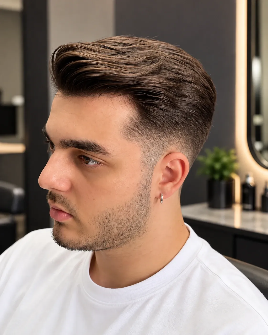Salon Murat Akın'da low fade kesim ve geriye taranmış saç modeli